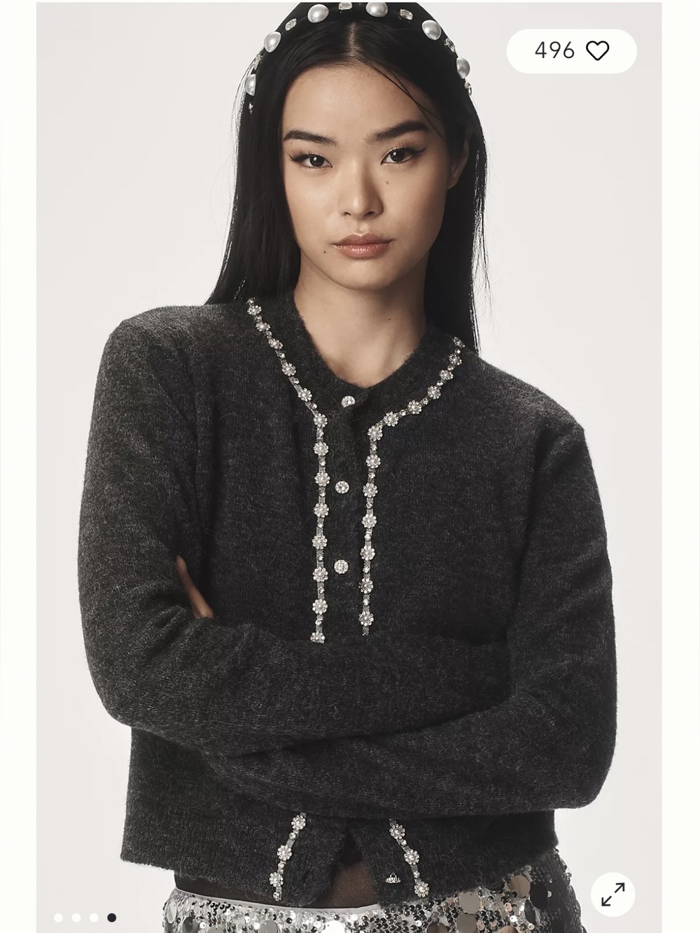 Anthropologie Maeve Crew Neck Embellished Cardigan Charcoal Grey Medium